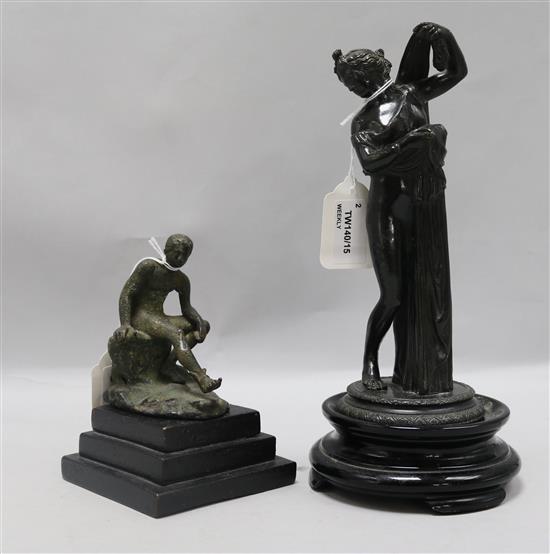 After the Antique, a 19th century bronze classical standing female figure and a figure of Hermes seated on a rock